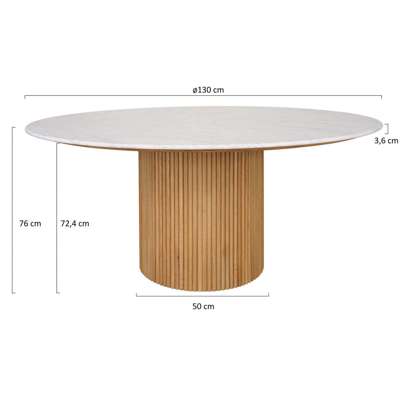96415200 Bolzano Eettafel ø130 Naturel Marmer Wit Afmeting